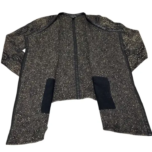 Eileen Fisher Mohair Wool Blend Open Front Leather Trim Sweater Jacket XS