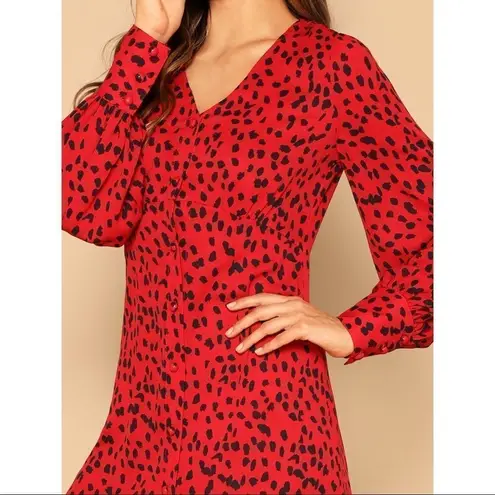 ✨HP✨Bishop Sleeve Leopard Print Shirt Dress✨ Red