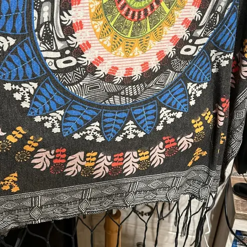 Woven Heart  Open Front Shawl Fringe Wrap Gray Boho Native Print women’s size M