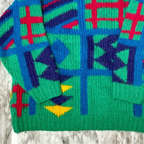 Colorful Geometric Pattern Sweater Vintage Classic 80s Mohair Wool Bold Cosplay Green Size M