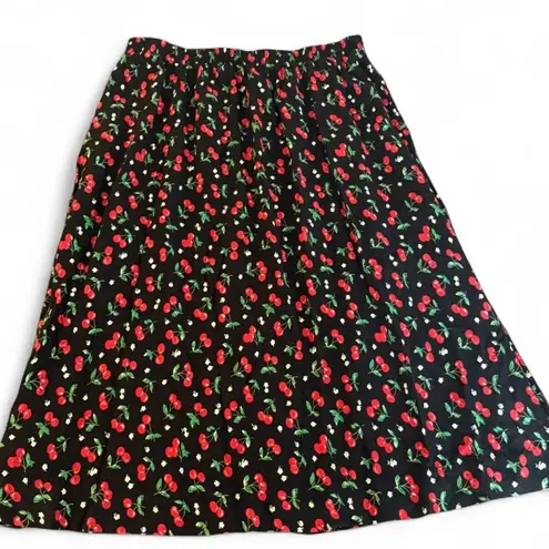 Vintage Blair Boutique Cherry Print Black Midi Skirt Size Large