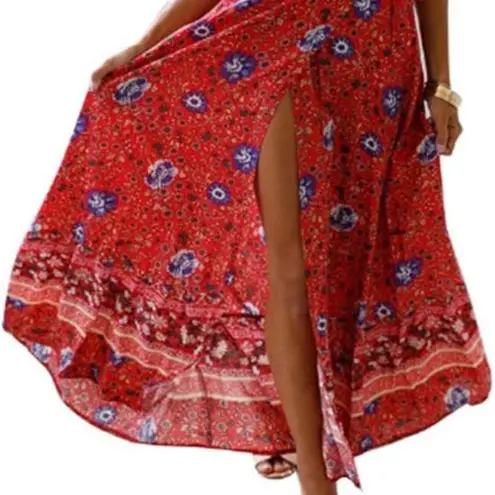 Maxi Dress Red Wrap V Neck Short Sleeve Front Split Summer Floral Belted, Size S