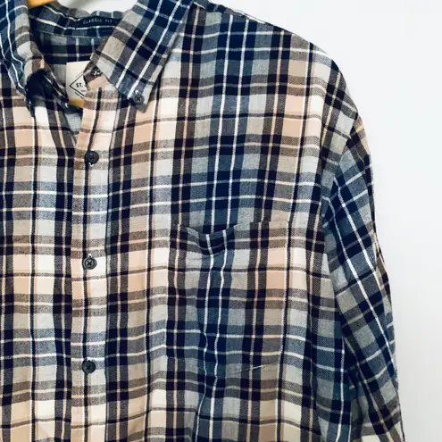 st. john's bay St John’s Bay Tan Blue White Plaid Button Down 