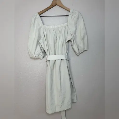 Faherty Khai Poplin Dress in Birch size Small Belted Puff Sleeve Tie Waist