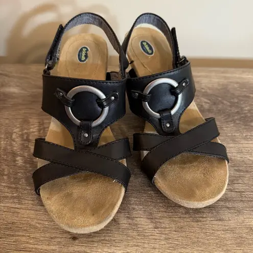 Dr. Scholl’s Pondering Black Leather Wooden Wedge Sandal Shoes Women’s Size 8