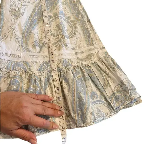 Y2k split cotton light blue paisley skirt w/ ruffle hem and ribbon detail . Size M