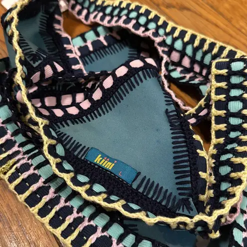 kiini NWT Flor Teal multi Crocheted Swimsuit bikini swim set size L specks