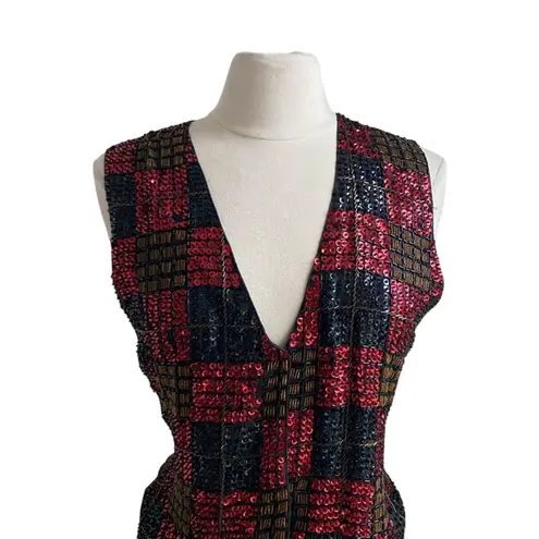 VINTAGE EVERETT COLLECTION Sequin Vest Womens Sz Medium Red Gold Cocktail Black