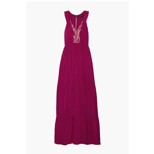 Saloni Suzi Ruffle Lace Trimmed Crinkled Gauze Maxi Size 6 Dress Magenta $625 Pink