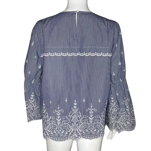 J. Crew Shirt Women Small Blue White Stripe Embroidered Bell Sleeve‎ Boho Preppy