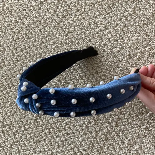 Blue Velvet Headband with Faux Pearls