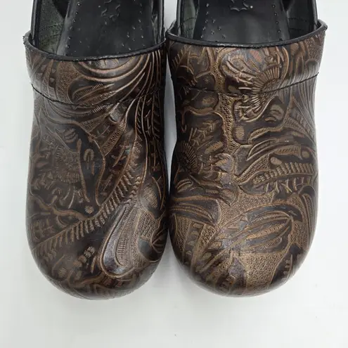 Dansko Professional Clogs Brown Tooled Embossed Floral Leather Size 40 US 10 VTG