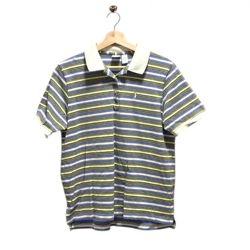 IZOD Y2K Striped Scallop Trim Womens Polo Shirt Purple Size L Preppy Academia