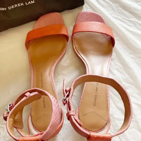 10 Crosby by Derek Lam pink watermelon snake print ankle buckle heeled sandals Size 9.5