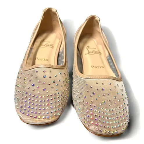 Beige Crystal Embellished Mesh Follis Strass Ballerina Flats Red Size 7.5