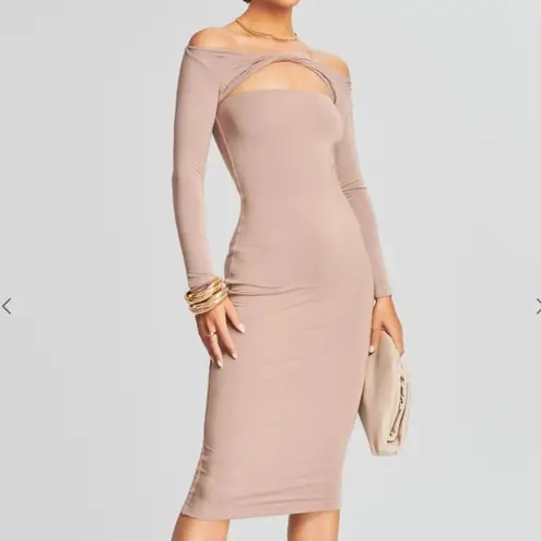 SER.O.YA Irene Midi Bodycon Off The Shoulder Twist Dress Tan