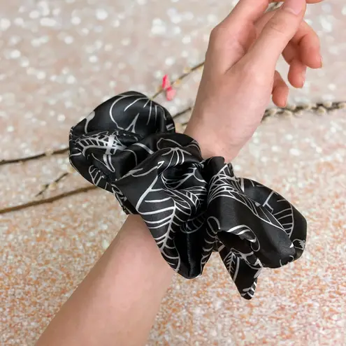 JUMBO Scrunchie Black And Silver Floral Satin Silk Scrunchie Oversized Scrunchie Xxl Scrunchie - Image 4