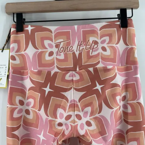 GOLDSHEEP Leggings SZ Medium Tone It Up TIU Collab Retro Print Pink Orange NWT