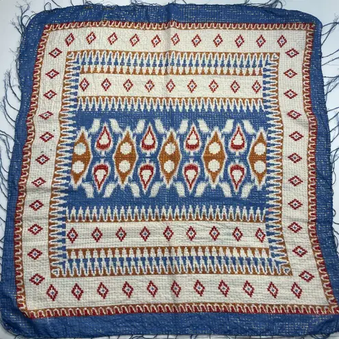 Fringe Scarf Square Southwestern Pattern Blue White Lightweight FLAWS Stripes