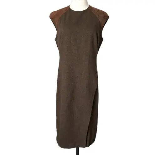 Ralph Lauren Black Label Brown Tweed Suede Cap Sleeve Sheath Midi Dress Size 12