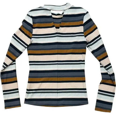 Gentle Fawn Elyse Navy Pink Striped Mock Neck Key Hole Ribbed Knit Top Shirt XS