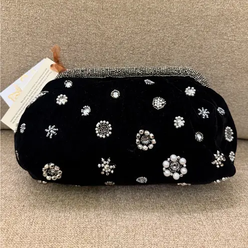 NWT Velvet Black Silver Beaded Clutch Crossbody Bag Made in India Brand New
