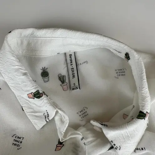 Bershka BSKGIRL Cactus Print Women's Button Down Long Sleeve Shirt White Size S