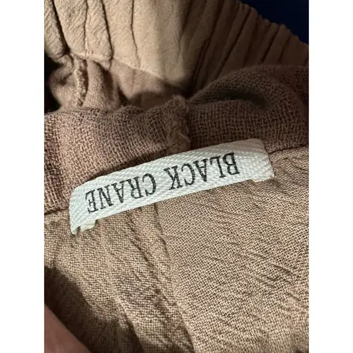 Black Crane Easy Pants Crinkle Cotton Linen Elastic Waist Tapered Trousers Sz M Brown Size M - Image 4