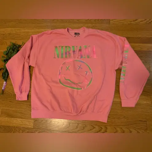 Nirvana NWOT Women's Preppy Smiley Face Crewneck Sweatshirt pink XL