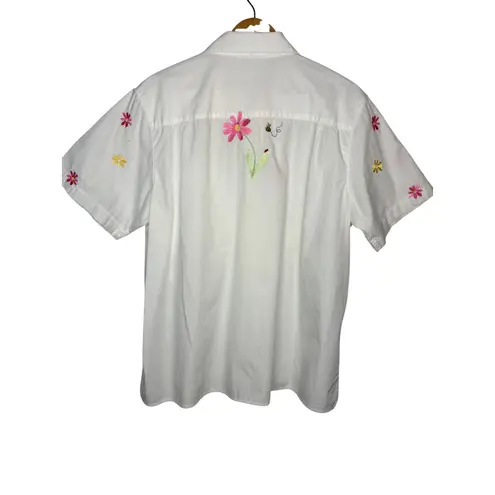 Vintage The Quacker Factory Womens Button Up Top Size 1X Embroidered Floral Bees White