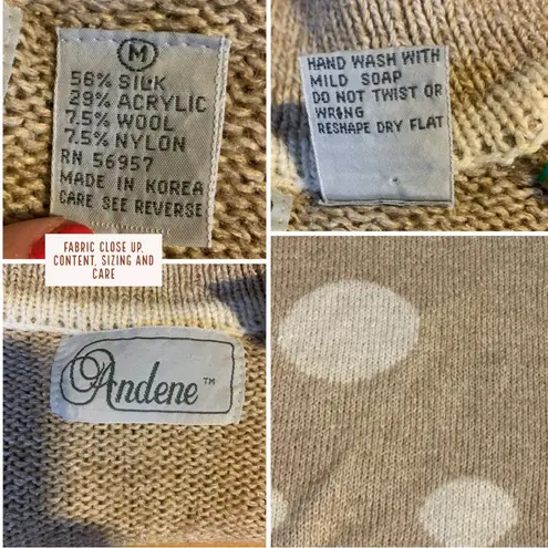 VINTAGE 1980'S ANDENE BEIGE & CREAM POLKADOT SILK BLEND SHORT SLEEVE SWEATER (M) Tan Size M