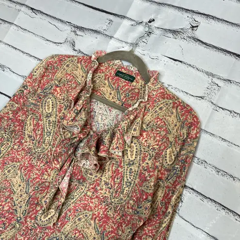 Vintage LRL Ralph Lauren paisley blouse Y2K ruffle western boho top red tan S