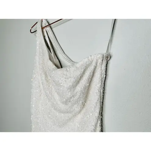 Mac Duggal White Sequined One Shoulder Low Back Draped Mini Dress Size 8