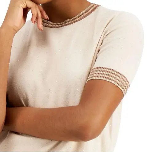 Marella Women’s Sz S Latte Cream Gold Silver Metallic Trim Cerchico Crop Sweater