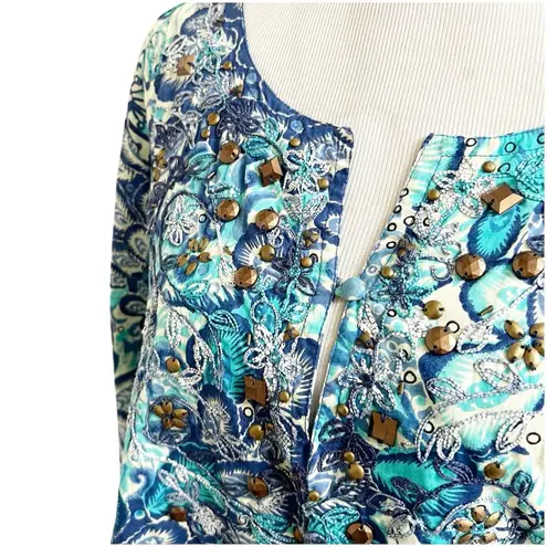 Avenue Handcrafted Tunic Plus Size 26/28 NWT Tropical Print Studded Neckline Blu