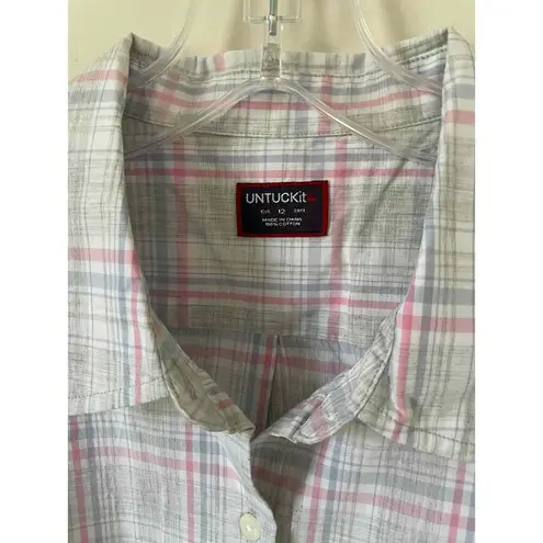 UNTUCKit Cotton Plaid Long Sleeve Button Down Blouse Top Pink Blue Size 12 NEW