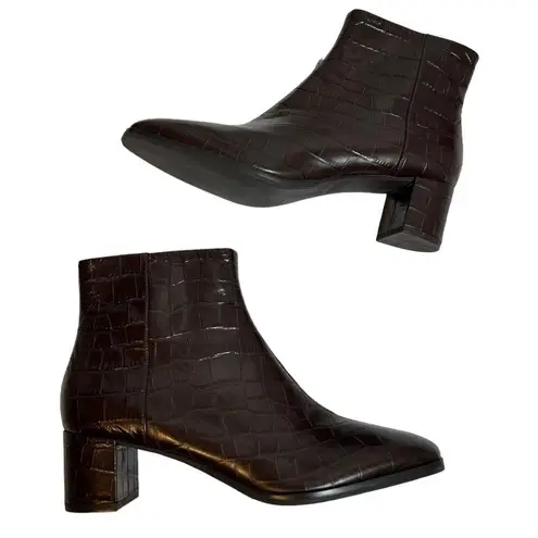 via spiga  Vinson Embossed Croc Espresso Block Heel Ankle Bootie Dark Brown