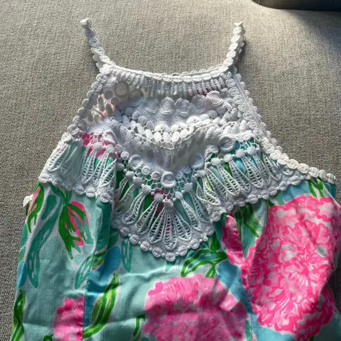 LILLY PULITZER 2 Small Crochet Top High Nevk Pink Green Mini Sheath Dress