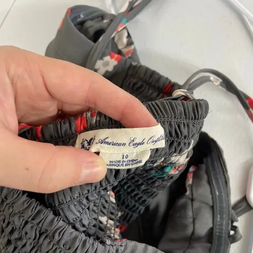 American Eagle Outfitters women's gray floral corset cross strap tie mini dress Size 10