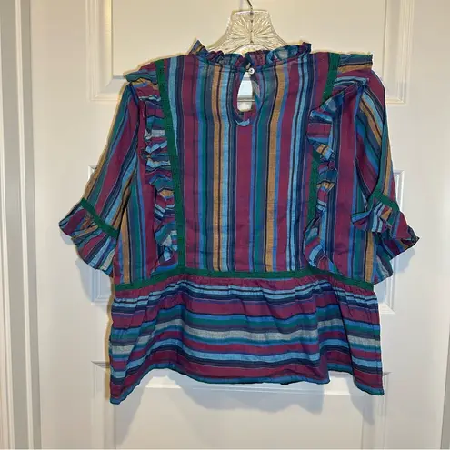 dRA Blue/Purple Striped Short Sleeve Ruffle Accent Blouse size M Size M