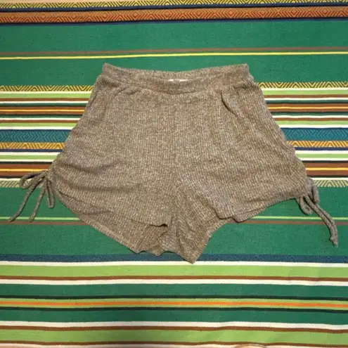 Gaze Ribbed Knit Shorts with Ruched Tie Sides in Heathered Grey Beige size XS Tan