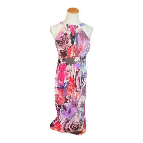 Eliza J Womens  Floral Pastel Watercolor Chiffon  High Neck Halter Maxi Dress - 2