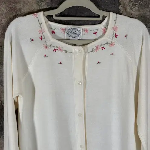 Stitches In Time Sweater Medium Floral Knit Cardigan Grannycore Cottagecore Pink