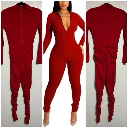 NWOT! Deep V Neck Zipper Ribbed Onesie Jumpsuit Red