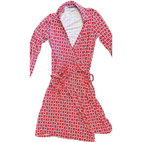 Boden Red Blue Geometric Wrap Collared Long sleeve Shirt Dress Size 6L Long