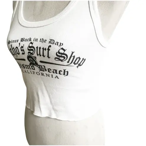 Vintage Pancho’s Surf Shop Women’s Cropped Tank White Black Logo Large Pismo