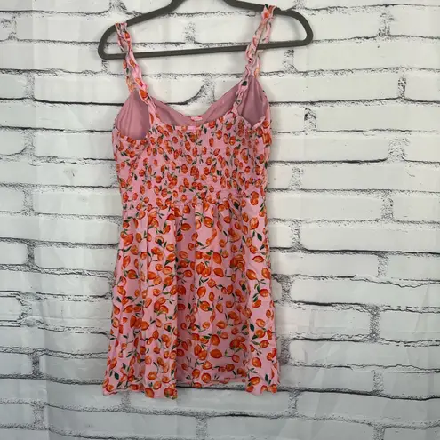 AUW Lemon Print Mini Dress Pink Orange Button Front Smocked Back Women’s M Cute