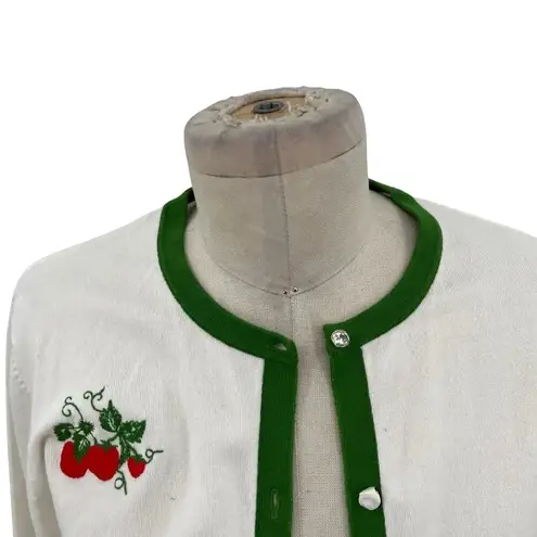 Shoshanna Strawberry Embroidered Cardigan White Green Trim Size Large