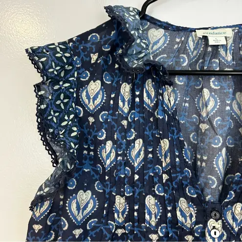 Sundance 100% Cotton Blue Sleeveless Ruffle Split Neck Lightweight Blouse Large