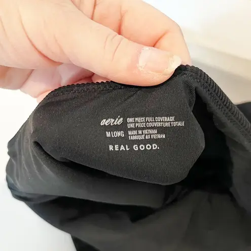 Aerie  Ribbed Full Coverage One Piece Open Tie Back Swimsuit Black Medium Long